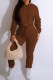 Brown Casual Solid Basic Hooded Collar Long Sleeve Two Pieces