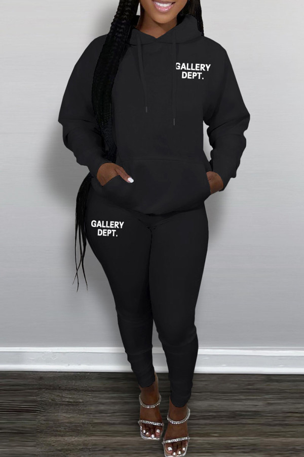 Black Casual Letter Print Patchwork Hooded Collar Long Sleeve Two Pieces