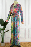 Multicolor Sexy Print Bandage Patchwork V Neck Long Sleeve Two Pieces