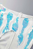 White Sexy Solid Hollowed Out Sequins Patchwork Feathers Off the Shoulder Pencil Skirt Dresses