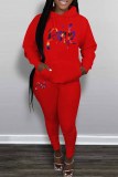 Red Casual Print Letter Hooded Collar Long Sleeve Two Pieces