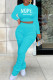 Light Blue Casual Print Patchwork Fold O Neck Long Sleeve Two Pieces