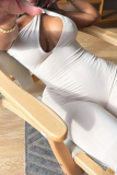 Coffee Sexy Solid Hollowed Out One Shoulder Skinny Jumpsuits