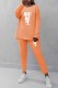 Orange Casual Print Letter O Neck Long Sleeve Two Pieces