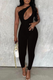 Coffee Sexy Solid Hollowed Out One Shoulder Skinny Jumpsuits