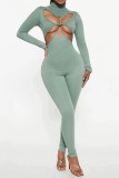 Green Sexy Casual Solid Hollowed Out Half A Turtleneck Skinny Jumpsuits