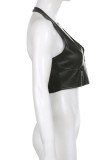 Black Sexy Street Solid Patchwork Zipper Halter Tops