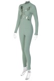 Green Sexy Casual Solid Hollowed Out Half A Turtleneck Skinny Jumpsuits