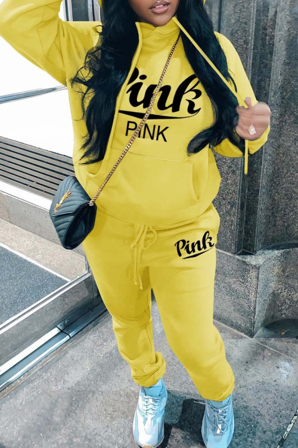 Yellow Casual Letter Print Basic Hooded Collar Long Sleeve Two Pieces