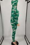 Green Casual Print Camouflage Print Patchwork Hooded Collar Long Sleeve Two Pieces