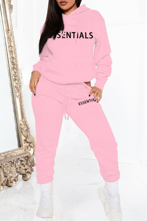Pink Casual Print Patchwork Hooded Collar Long Sleeve Two Pieces