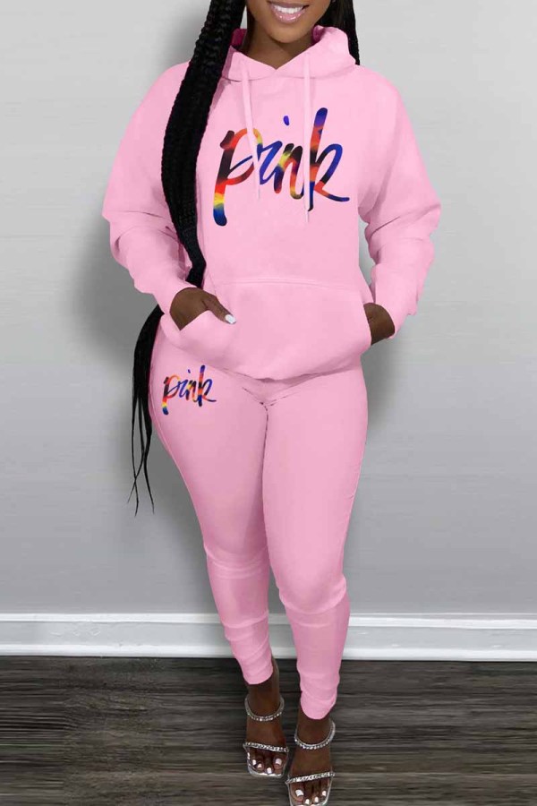 Pink Casual Print Letter Hooded Collar Long Sleeve Two Pieces