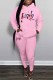 Pink Casual Print Letter Hooded Collar Long Sleeve Two Pieces