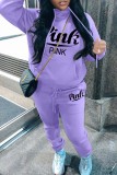 Pink Casual Letter Print Basic Hooded Collar Long Sleeve Two Pieces
