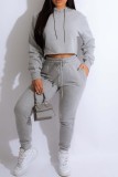 Blue Casual Solid Basic Hooded Collar Long Sleeve Two Pieces
