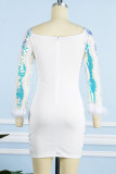 White Sexy Solid Hollowed Out Sequins Patchwork Feathers Off the Shoulder Pencil Skirt Dresses
