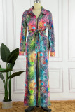 Multicolor Sexy Print Bandage Patchwork V Neck Long Sleeve Two Pieces