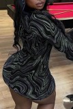 Black Sexy Casual Print Hollowed Out O Neck Long Sleeve Dresses