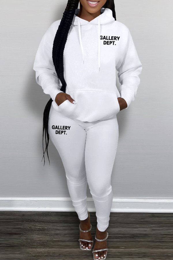 White Casual Letter Print Patchwork Hooded Collar Long Sleeve Two Pieces