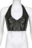 Black Sexy Street Solid Patchwork Zipper Halter Tops