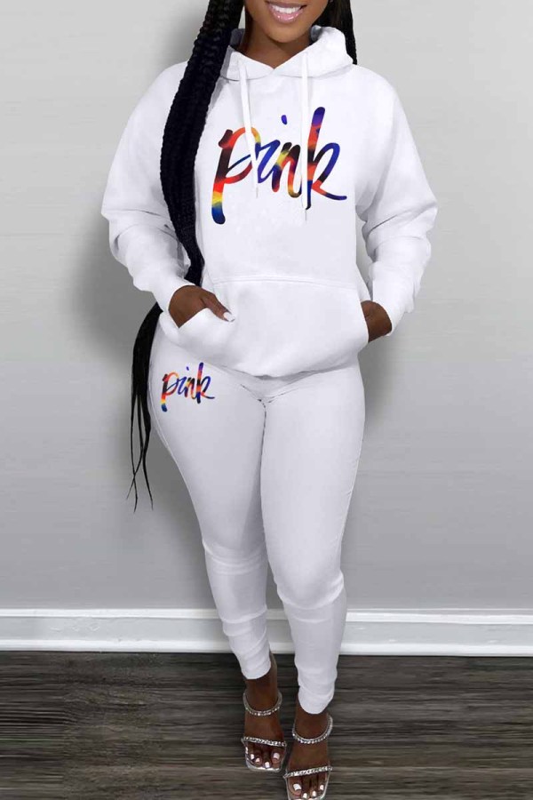 White Casual Print Letter Hooded Collar Long Sleeve Two Pieces