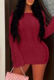 Blue Sexy Solid Hollowed Out Backless O Neck Long Sleeve Dresses