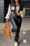 Black Casual Sportswear Solid Patchwork Buckle Patch Turndown Collar Outerwear