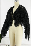 Blue Street Solid Tassel Patchwork Cardigan Collar Outerwear