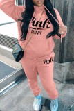 Pink Casual Letter Print Basic Hooded Collar Long Sleeve Two Pieces