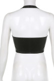 Black Sexy Street Solid Patchwork Zipper Halter Tops