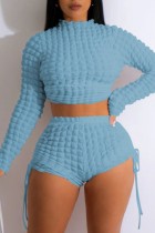 Sky Blue Casual Solid Draw String Frenulum Half A Turtleneck Long Sleeve Two Pieces