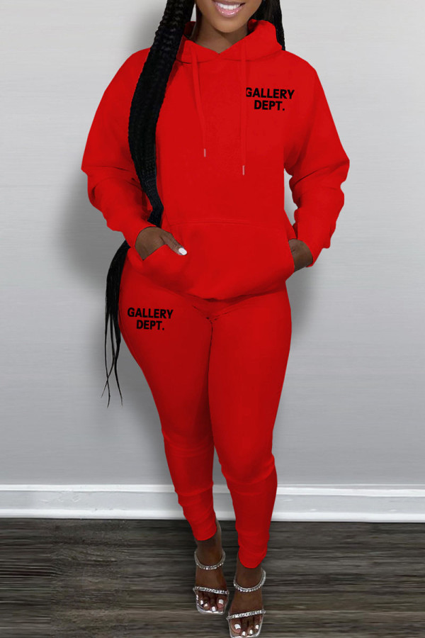 Red Casual Letter Print Patchwork Hooded Collar Long Sleeve Two Pieces