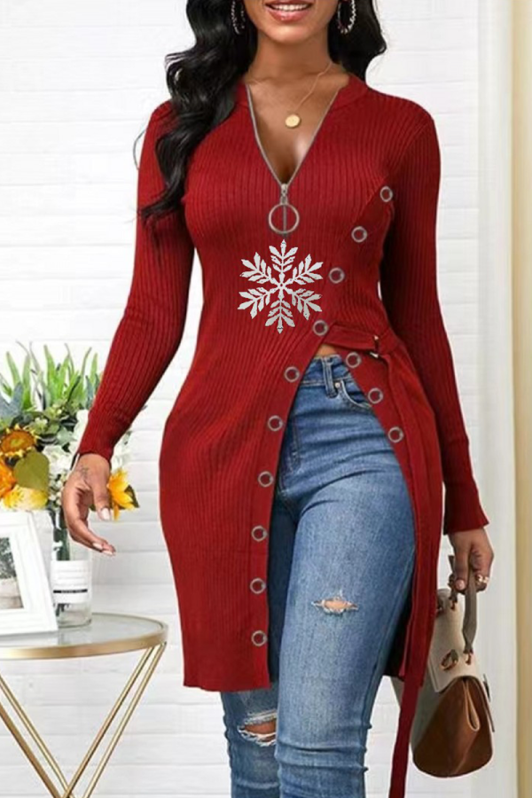 Red Street Snowflakes Zipper V Neck T-Shirts