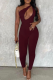 Burgundy Sexy Solid Hollowed Out One Shoulder Skinny Jumpsuits