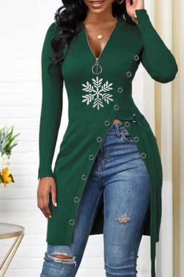 Ink Green Street Snowflakes Zipper V Neck T-Shirts