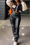 Black Casual Sportswear Solid Patchwork Buckle Patch Turndown Collar Outerwear