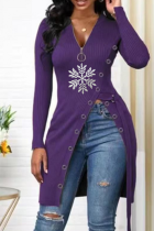 Purple Street Snowflakes Zipper V Neck T-Shirts