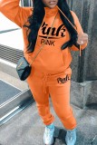 Pink Casual Letter Print Basic Hooded Collar Long Sleeve Two Pieces