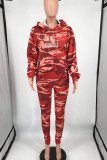 Tangerine Red Casual Print Camouflage Print Patchwork Hooded Collar Long Sleeve Two Pieces