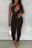 Coffee Sexy Solid Hollowed Out One Shoulder Skinny Jumpsuits