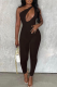 Coffee Sexy Solid Hollowed Out One Shoulder Skinny Jumpsuits