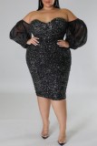 Black Sexy Formal Patchwork Hollowed Out Backless Off the Shoulder Evening Dress Plus Size Dresses