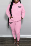 Pink Casual Letter Print Patchwork Hooded Collar Long Sleeve Two Pieces