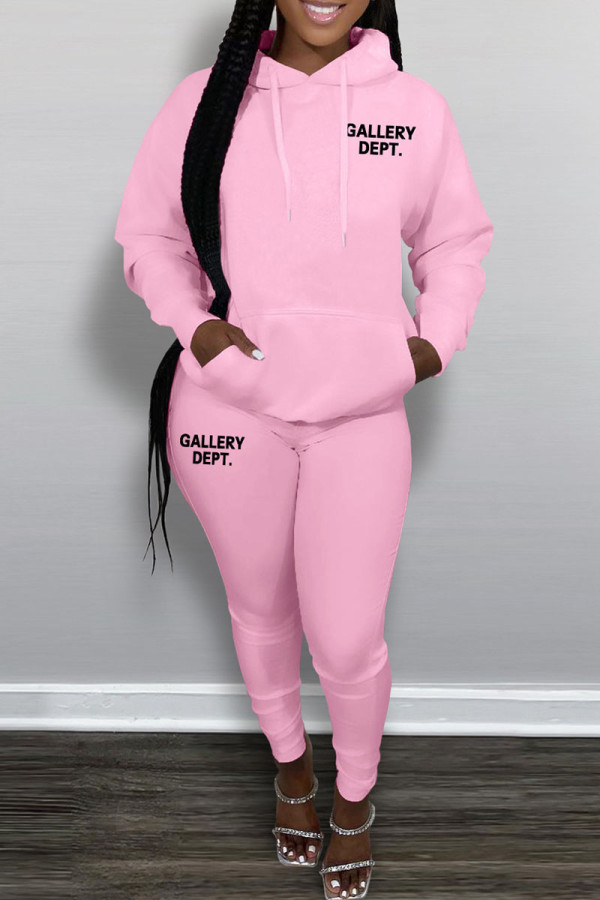 Pink Casual Letter Print Patchwork Hooded Collar Long Sleeve Two Pieces