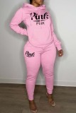 Pink Casual Letter Print Patchwork Hooded Collar Long Sleeve Two Pieces