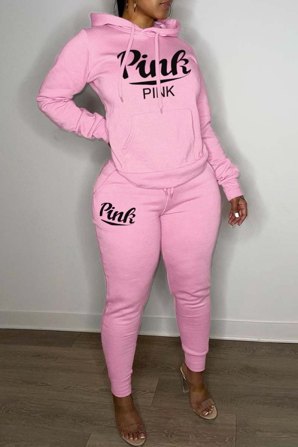 Pink Casual Letter Print Patchwork Hooded Collar Long Sleeve Two Pieces