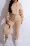 Khaki Casual Solid Basic Hooded Collar Long Sleeve Two Pieces