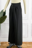 Black Casual Solid Patchwork Fold Straight High Waist Wide Leg Solid Color Bottoms