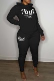 Pink Casual Letter Print Patchwork Hooded Collar Long Sleeve Two Pieces
