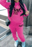 Pink Casual Letter Print Basic Hooded Collar Long Sleeve Two Pieces